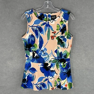 ECI Top Womens Sz S Floral Sleeveless Peplum Zip Back Bold Career Office Event - Image 1 of 4