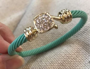 Landau Heavy Gauge Cable Teal Fashion Bangle with CZ-Encrusted Clasp Beautiful - Picture 1 of 6