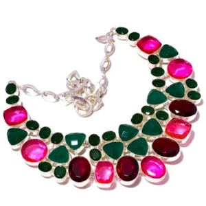 Green Onyx,Red Apatite Multi Gemstone Silver Overlay Handmade Statement Necklace - Picture 1 of 4
