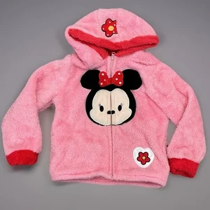 Disney Minnie Mouse Fuzzy Zip Up Hoodie Flower Applique Pink Girl's Size 7 - Picture 1 of 4