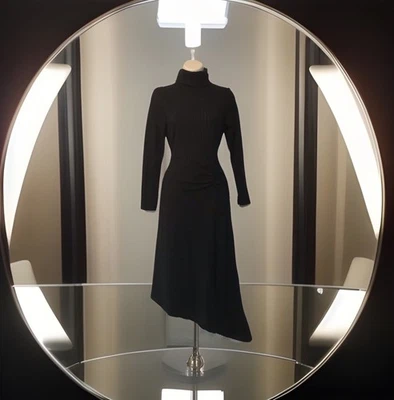 New Lipsy Size 14  Petite Black High Neck Ruched Detail Midi Jumper Dress - Image 1 of 4