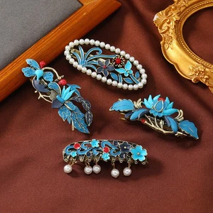 Nuevo estilo chino flor azul hanfu plato perlas borlas en la parte superior horquilla - Imagen 1 de 9