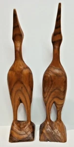 2 Wooden Bird Sculpture Hand Carved Crane Water Foul 9" Tall Tan Golden Finish - Picture 1 of 8