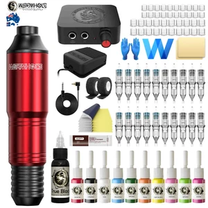 Wormhole Tattoo Machine Kit Rotary Motor Pen 11 Color Inks Power Supply Needle - Picture 1 of 12