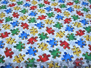 3 Yards Quilt Cotton Fabric - QT Fabrics Autism Bright Puzzle Pieces on White - Picture 1 of 1
