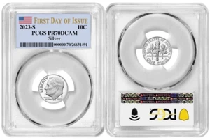 2023 S plata Roosevelt moneda de diez centavos 10C PCGS PR70DCAM PRIMER DÍA DE EMISIÓN BANDERA - Imagen 1 de 1
