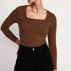 Old Navy Womens Fitted Square Neck Rib-Knit Long Sleeve Tee Brown Large L TALL - Picture 1 of 7