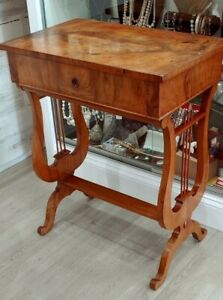 Antique Biedermeier Early 1800's Veneered Work Sewing Desk Harp Lyre Table 