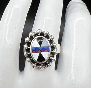 Sterling Silver Southwestern Style Mother Of Pearl, Onyx Ring, Size 5.75 - Picture 1 of 8