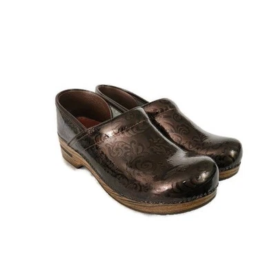 Dansko Professional Women's Brown Patent Leather Floral Paisley Clogs 11 - Image 1 of 4