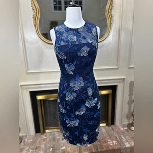 WHBM Navy Blue Metallic Floral Embroidered Mesh Sheath Dress 6P Cocktail - Picture 1 of 14