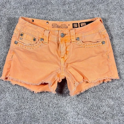 Miss Me Neon Orange Denim Shorts Size 27 Embellished Pockets Frayed Hem - Image 1 of 4