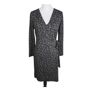 Ann Taylor NWT M Gray Leopard Bow Faux Wrap Knee Length Long Sleeve Chic Dress - Picture 1 of 12