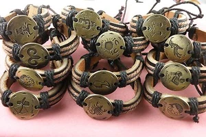 Zodiac Sign Horoscope Astrology Synthetic Leather Bracelet Brass Tone Unisex - Picture 1 of 1