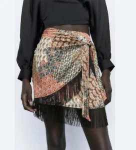 Zara Fringe Wrap Style Pareo Skirt satin effect Multicolor size small Womens - Picture 1 of 8