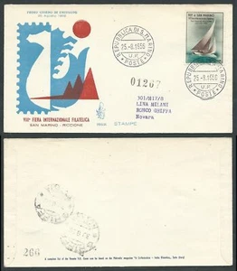1956 SAN MARINO FDC VENETIA 33 FIERA FILATELICA TIMBRO ARRIVO - Picture 1 of 1