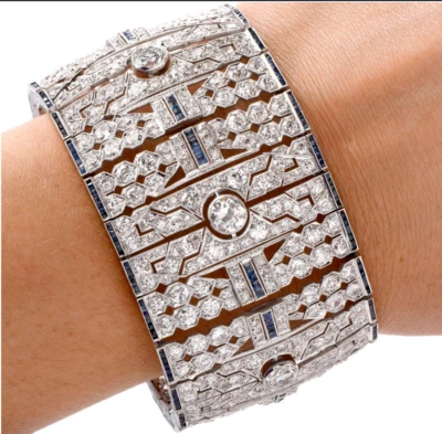 令人惊叹的古董皇家风格白色 42.58 克拉钻石和蓝色蓝宝石手链 — 第 1/4 张图片