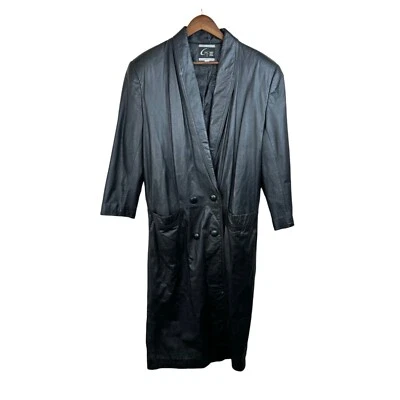 Vintage Global Identity Leather Coat Black Long Double-Breasted Pockets Medium - Image 1 of 4