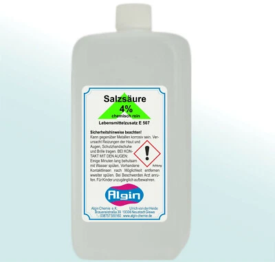 Salzsäure 4% chemisch rein klar E507  1 Liter HDPE-Flasche Lebensmittelqualität - Bild 1 von 4