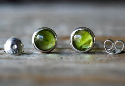Genuine Peridot Round Cabochon Gemstone 925 Sterling Silver Women Stud Earrings - Image 1 of 4
