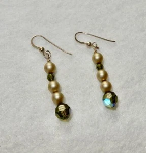 Olive Crystal Pearl & Peridot Crystal Dangle Earrings 925 Sterling Silver Hooks - Picture 1 of 2