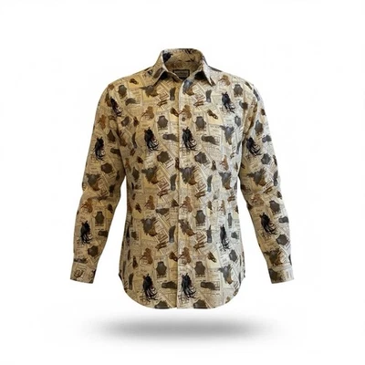 Camisa grande tallada con volantes para hombre con estampado de artículos deportivos y pesca con mosca grande con botones Foto 1 de 4