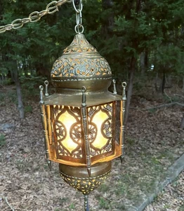 Antike marokkanische türkische hängende Anhänger Laterne durchbohrt Messing Glas 20" - Bild 1 von 16