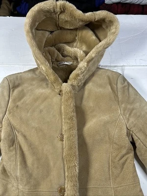 Chaqueta Larga Marvin Richards Mujer Cuero Genuino Con Capucha Forrada de Vellón Caqui XS Foto 1 de 4