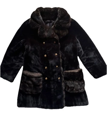 Abrigo de piel sintética Borgana Fairmoor vintage años 60 negro para mujer talla M borde marrón #1101 Foto 1 de 4