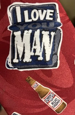 Винтажный 1996 Budweiser новинка галстук «Я люблю тебя человек» 100% полиэстер, сделано в США - Изображение 1 из 4