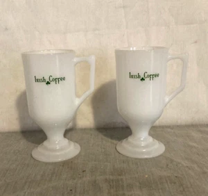 Set of Two (2) Vintage Pedestal Footed Milk Glass Irish Coffee Mugs - Picture 1 of 1