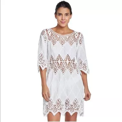 Pilyq Mini Dress Sz.M/L,Crochet Neck&inserts, 3/4 Sleeves,zigzag hem swim NewTag - Image 1 of 4