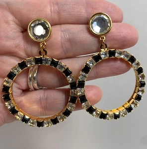 Pendientes colgantes vintage Monet tono dorado negro blanco estrás años 90 retro  - Imagen 1 de 6