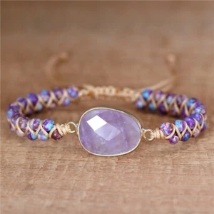 Stress Relief Purple Natural Stone Amethyst Charm Jasper Beads Braided Bracelet - Picture 1 of 5