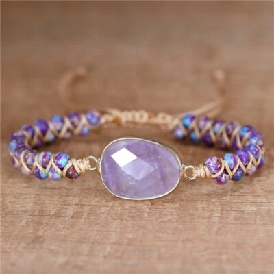Pulsera trenzada con cuentas de jaspe con dije de amatista de piedra natural púrpura para aliviar el estrés  Foto 1 de 4