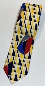 Vintage 1980s Timo Cosura Geometric Abstract Yellow Blue Red Silk Necktie Tie - Picture 1 of 6
