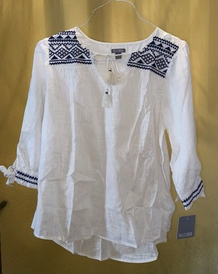 FALLS CREEK Off-White Cream Aztec Blouse Pullover Top Shirt 14 NWT - Image 1 of 4