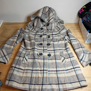Preston & York Plaid Coat Size 8 Gray Blue Hooded Double Breasted Wool Blend Vtg - Picture 1 of 9