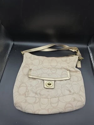 Bolso de Hombro Coach Penelope Metálico Beige Lino Lona y Cuero Muñequera Inc Foto 1 de 4