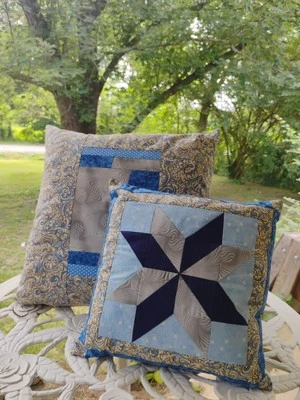 2 Almohadas Decorativas Edredón Azul Hecho a Mano Estrellas Gris Foto 1 de 4