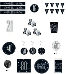 ALTER SCHWARZ SILBER ALLES GLÜCKLICHE GEBURTSTAG PARTY GESCHIRR DEKORATIONEN EINZIGARTIGER GLITZ  - Bild 1 von 1