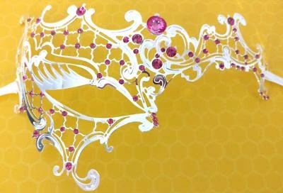Masquerade Eye Face Mask Venetian Filigree Lace Renaissance Costume Silver Pink - Image 1 of 4