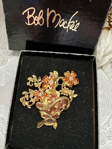 Vintage Bob Mackie Goldtone and Enamel Flower Basket Pin Brooch Original Box - Picture 1 of 5