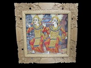 APIT PARSA Carved Wood Frame Traditional Balinese DANCERS Colorful Painting - Picture 1 of 6