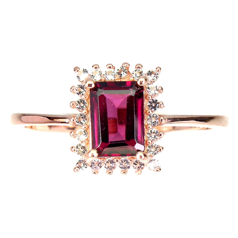 Anello In Argento Sterling 925 Ottagono Granato Rhodolite Gemma Topazio 7x5mm - Immagine 1 di 4