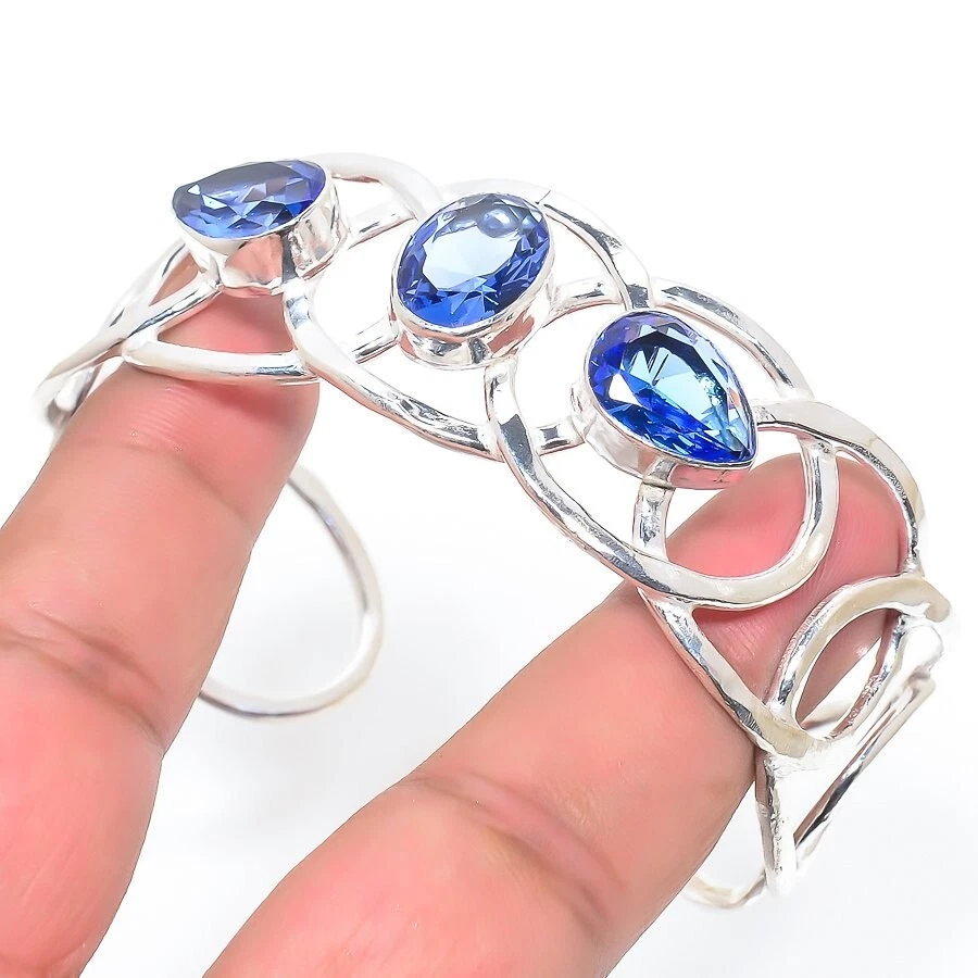 Iolite Gemstone Handmade 925 Sterling Silver Jewelry Bangle Sz 7-8" - Image 1 of 1