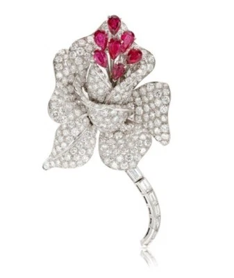 Gorgeous Floral Design 19.64TCW Pear Ruby With Round & Baguette Sapphire Brooch - Image 1 of 4