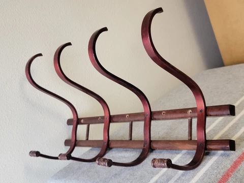 Vintage 1970's Wall Mount HAT+COAT RACK 8-Hook Bent Wood THONET-Style Large 24" Cover