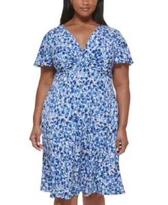 Jessica Howard Plus Printed V-Neck Short-Sleeve Dress Womens 20W Denim Multi S/S - Picture 1 of 17