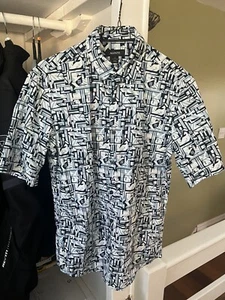 Alfani Button Up Shirt Mens Small Regular Fit Short Sleeve Geometric Blue White - Picture 1 of 4